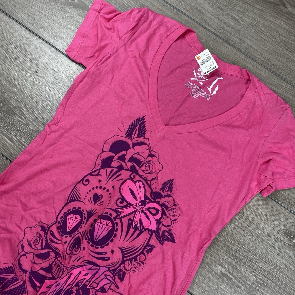 Fatal Clothing Women's Short Sleeve T-Shirt Pink Black Skull Large New